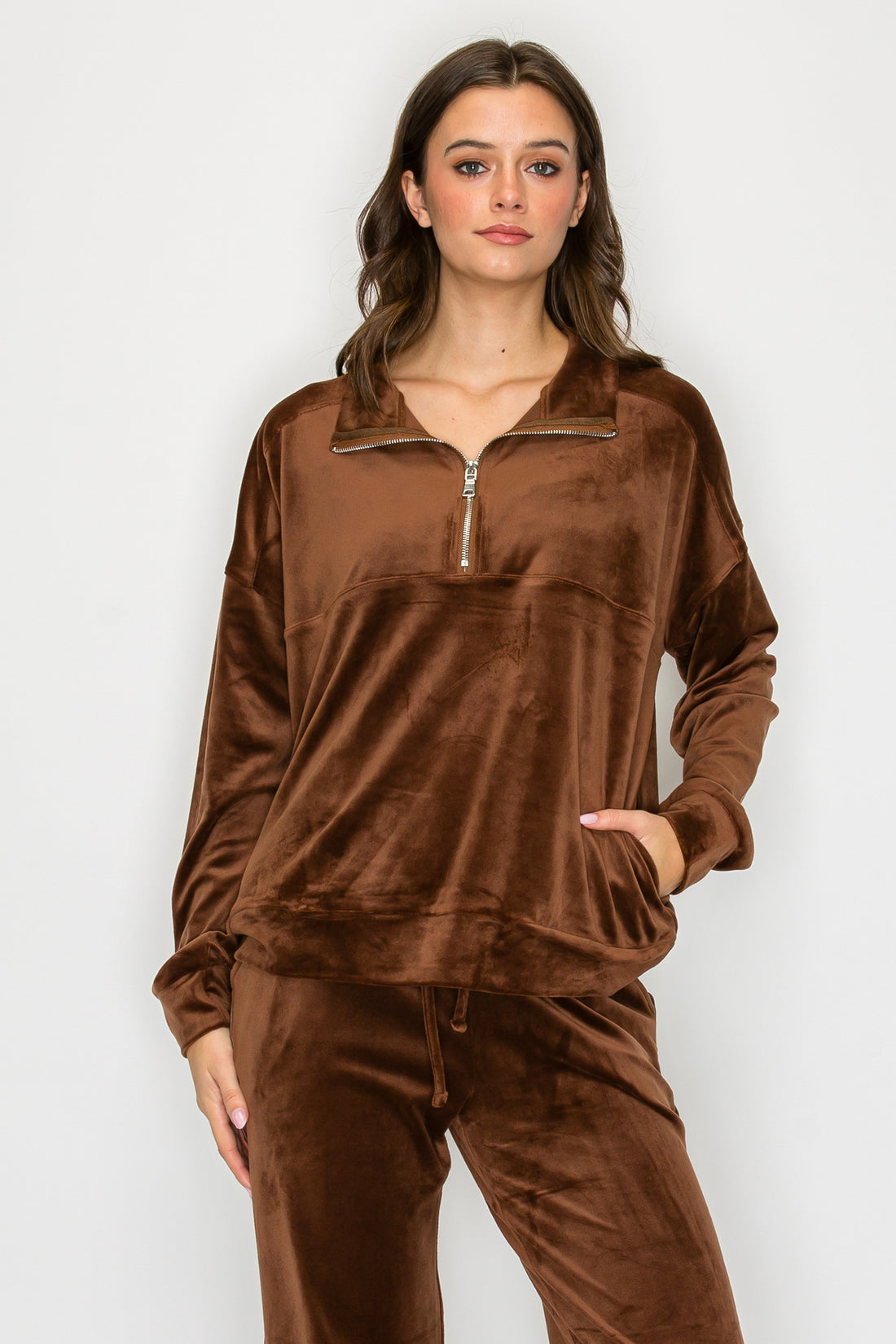 Velour Quarter-Zip Pullover-Chocolate